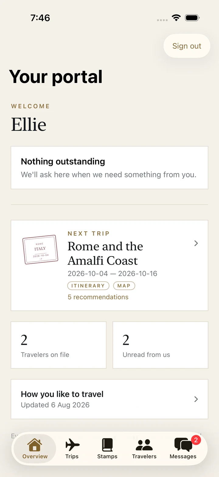 The Maison K.R. app showing an upcoming trip to Rome and the Amalfi Coast, with its itinerary, map and five recommendations.